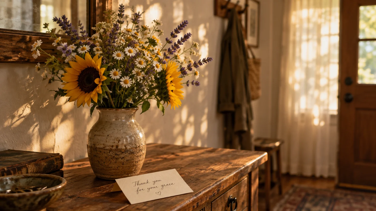 Sunflowers and wildflowers in a ceramic vase beside a handwritten note on a rustic wooden entryway table.