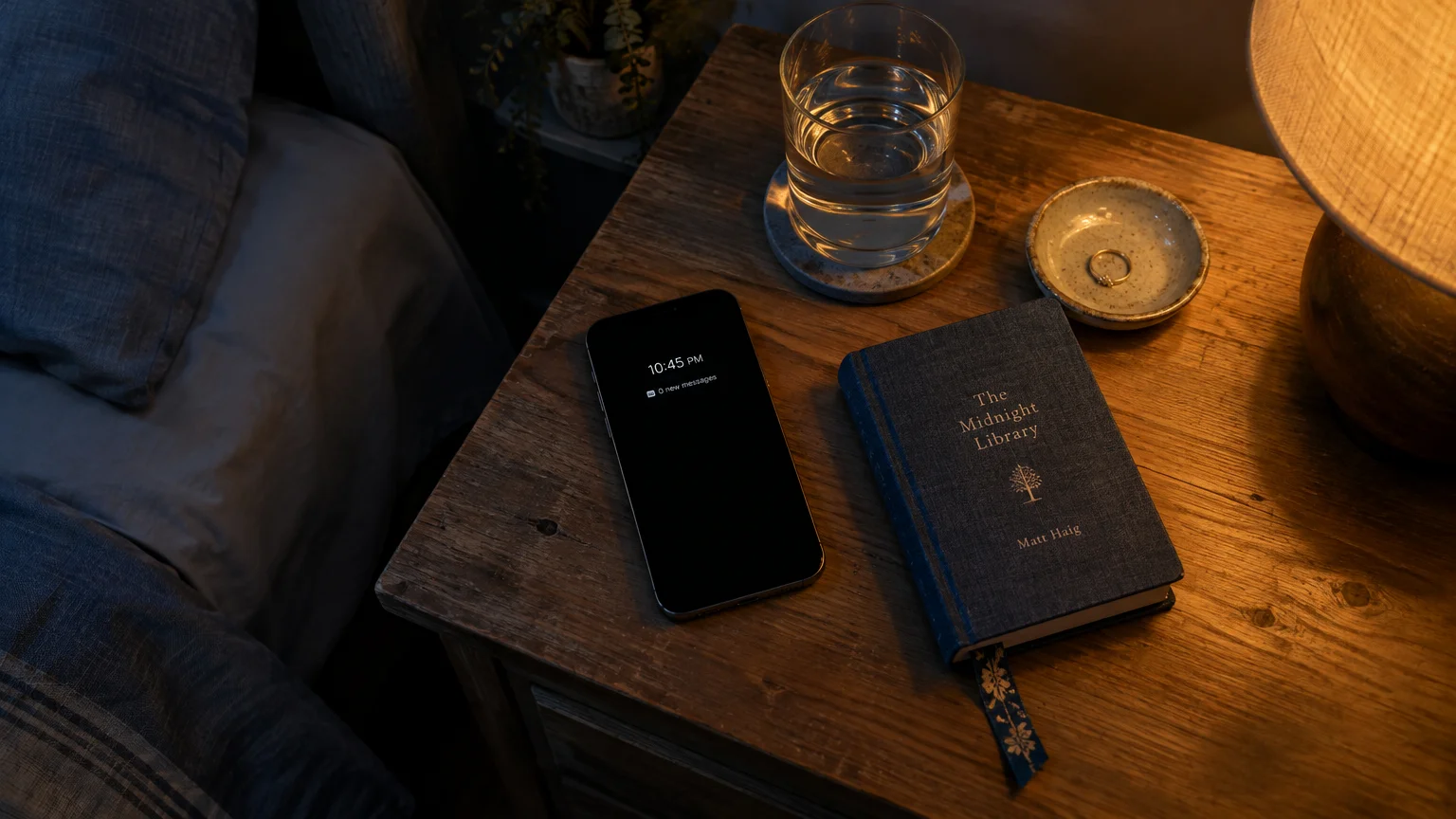 A smartphone displaying zero messages beside a book, glass of water, ring dish, and lamp on a wooden nightstand.