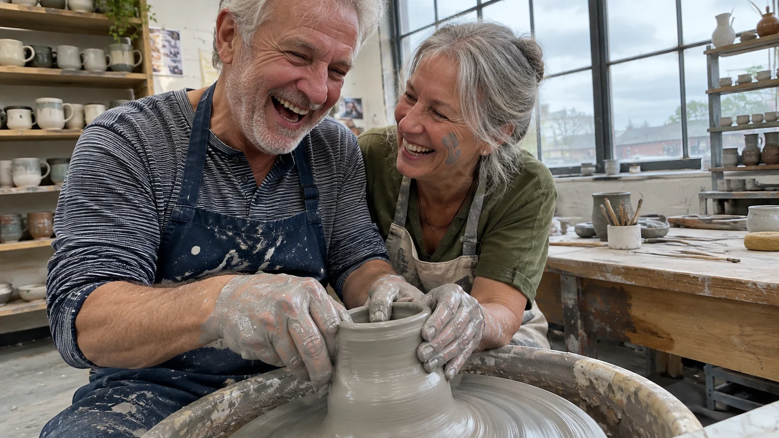 A smiling older couple with clay on their hands shaping pottery together on a spinning wheel in an art studio.