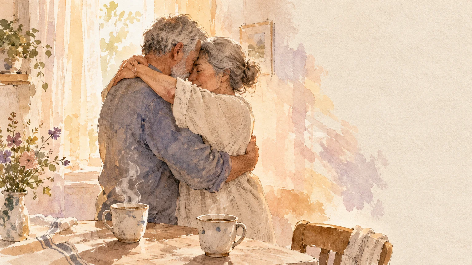 An older couple with gray hair gently embracing in a sunlit kitchen behind a table with two steaming mugs.
