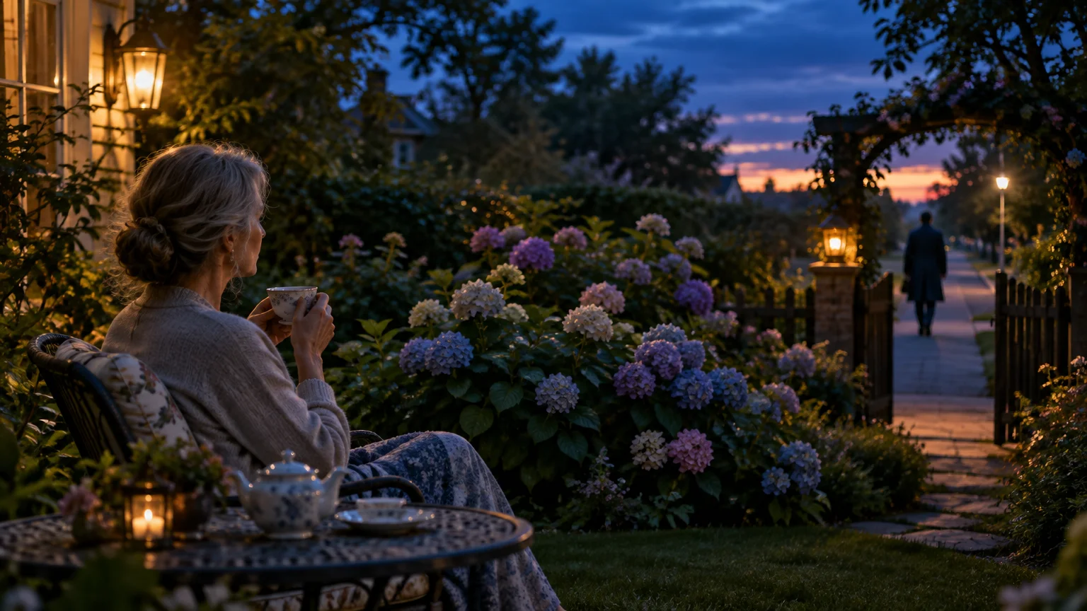 A woman sits drinking tea in an evening garden while watching a person walk away down the street outside the gate.