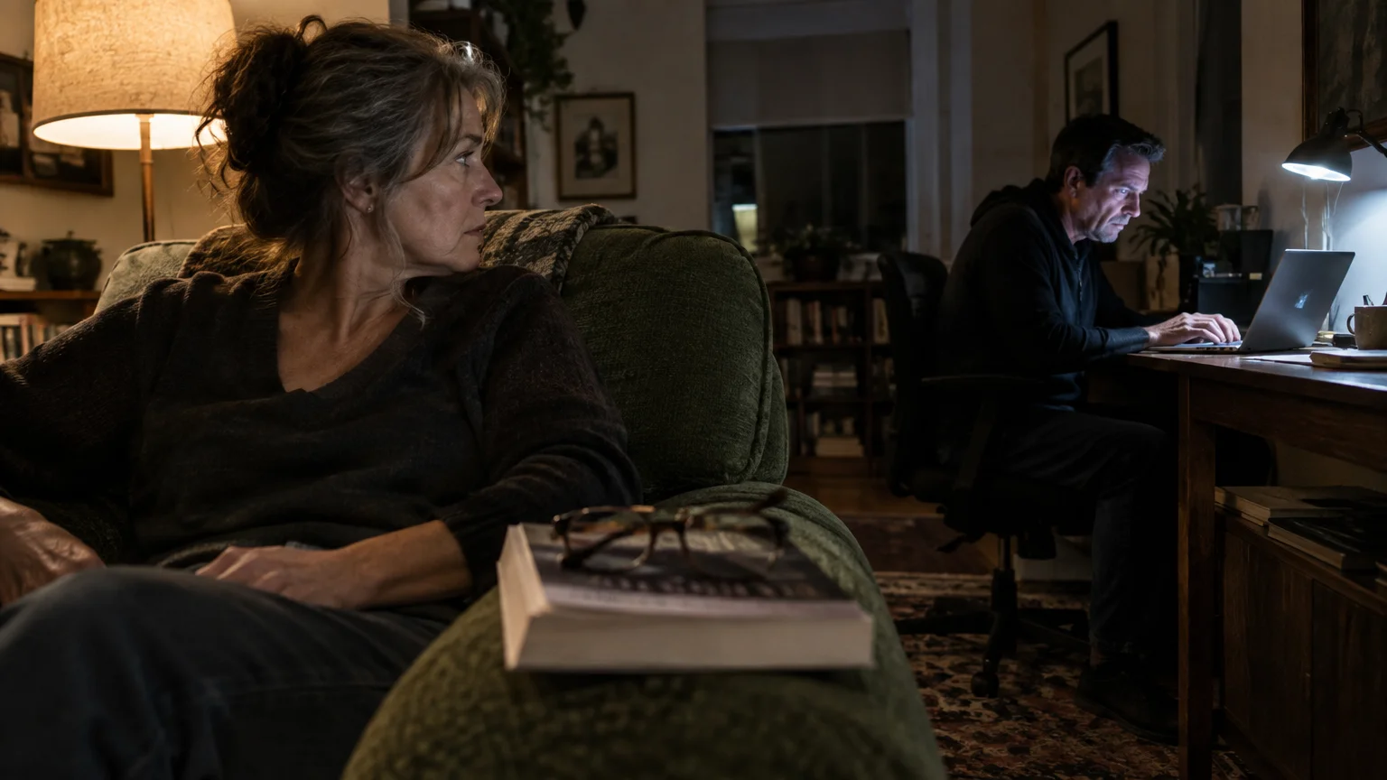 A woman on a green couch glances back with concern toward a man working intently at a laptop desk in the background.