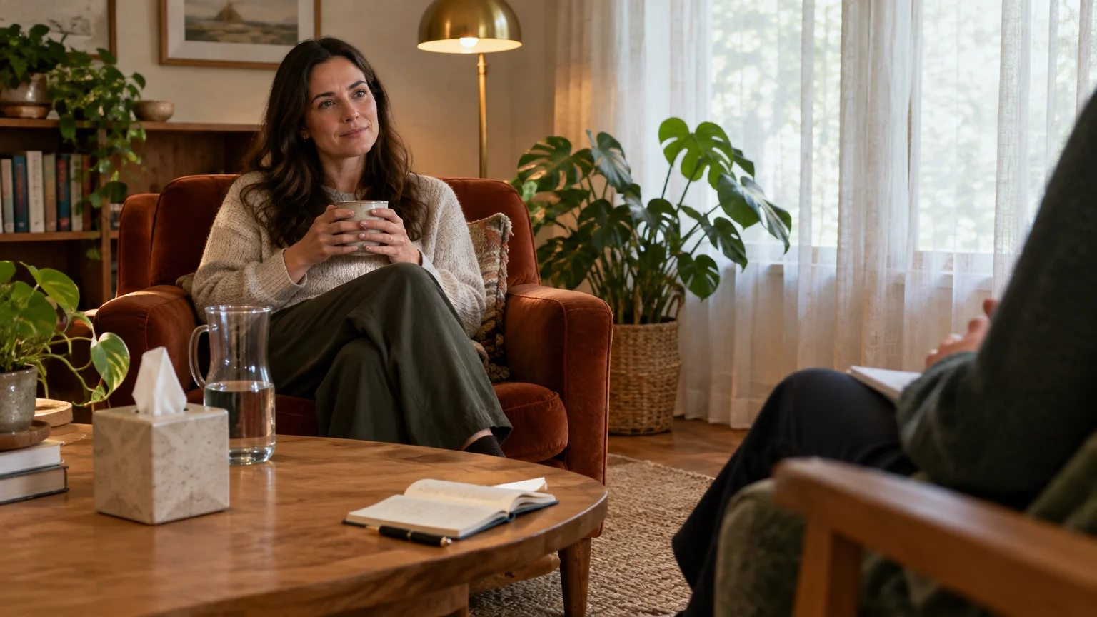 Woman holding a mug sits in an armchair listening across from a therapist holding a notebook in a cozy office.