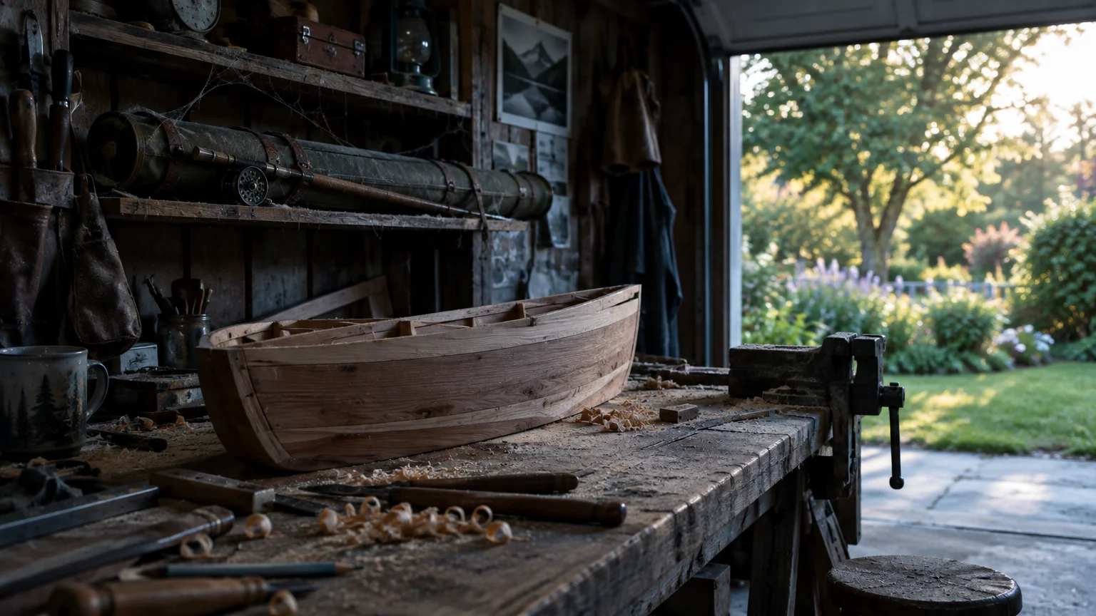 Unfinished wooden model boat on a dusty workbench surrounded by carving tools and wood shavings in an open garage.