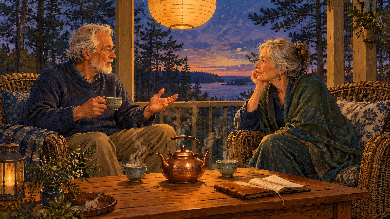 Illustration of an older couple sitting in wicker chairs on a rustic porch, drinking tea and conversing at sunset.