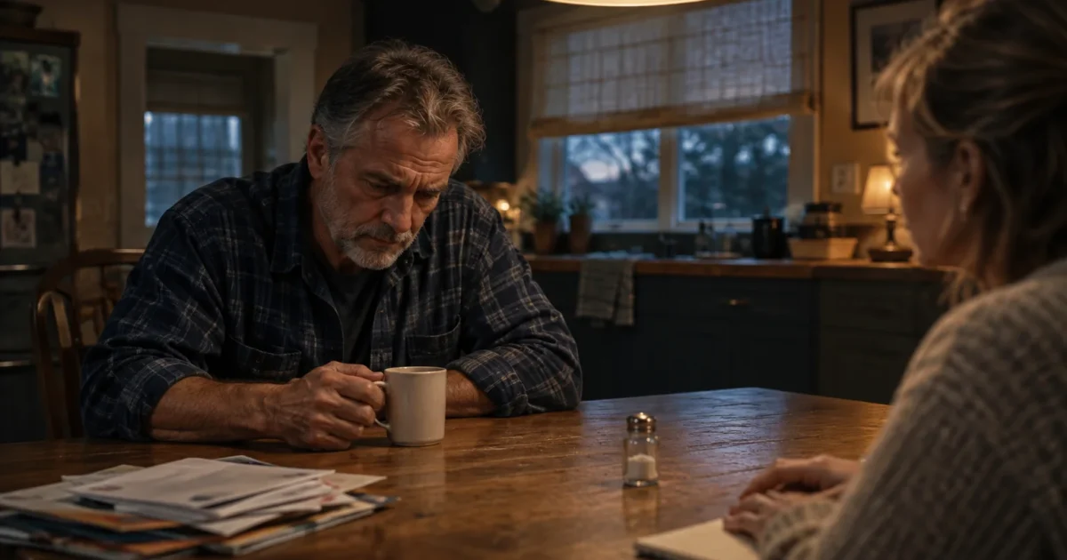 A somber, middle-aged man holding a mug sits across a wooden kitchen table from a woman during a tense conversation.