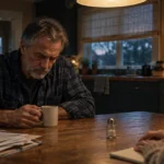 A somber, middle-aged man holding a mug sits across a wooden kitchen table from a woman during a tense conversation.