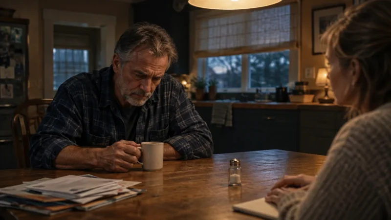 A somber, middle-aged man holding a mug sits across a wooden kitchen table from a woman during a tense conversation.