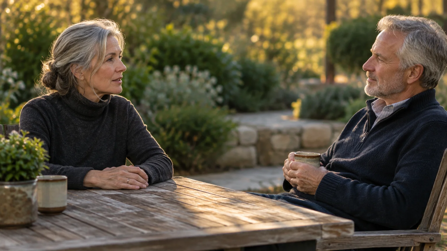 A mature man and woman sit talking at an outdoor wooden table with mugs in a garden.