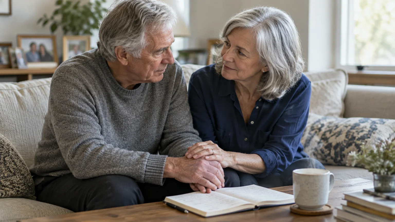 A senior man and woman sit closely on a living room sofa, holding hands with an open notebook on the table.