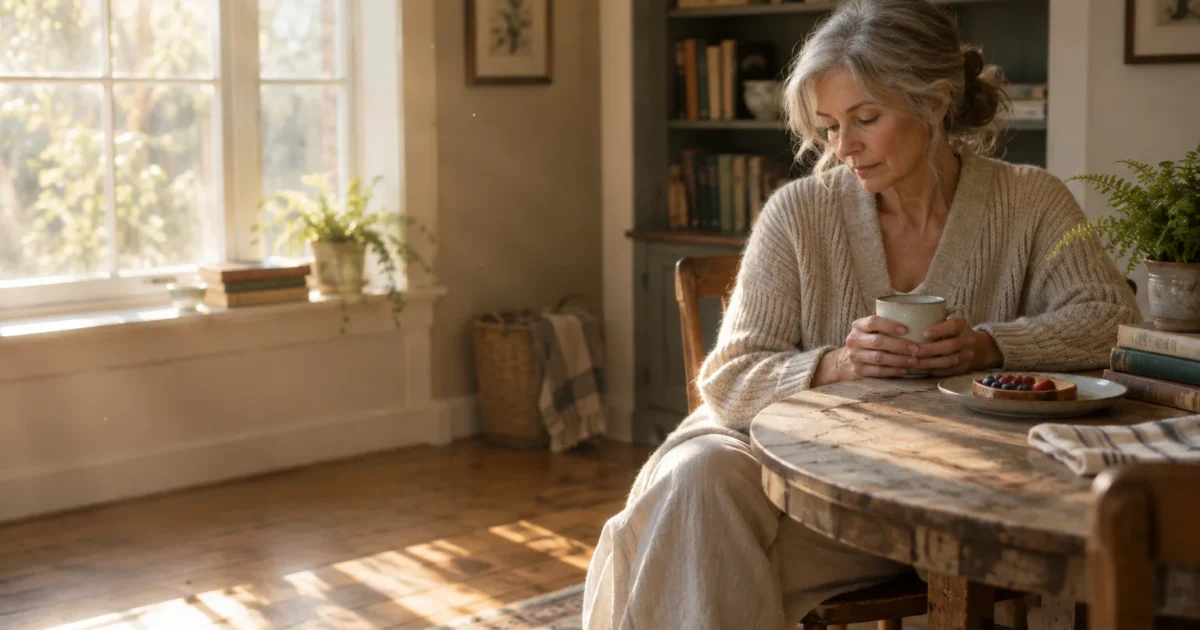 A mature woman sits pensively at a wooden table in a sunlit room, holding a warm mug near a plate of fruit.