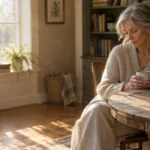 A mature woman sits pensively at a wooden table in a sunlit room, holding a warm mug near a plate of fruit.