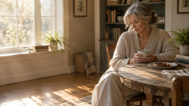 A mature woman sits pensively at a wooden table in a sunlit room, holding a warm mug near a plate of fruit.