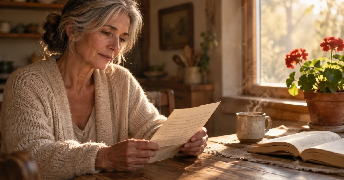 Mature woman with gray hair reading a handwritten letter at a sunlit rustic wooden table with tea and flowers.