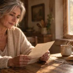 Mature woman with gray hair reading a handwritten letter at a sunlit rustic wooden table with tea and flowers.