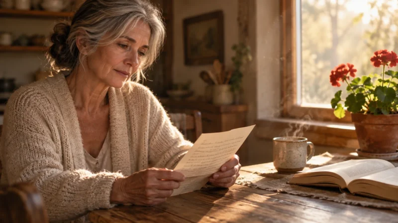 Mature woman with gray hair reading a handwritten letter at a sunlit rustic wooden table with tea and flowers.