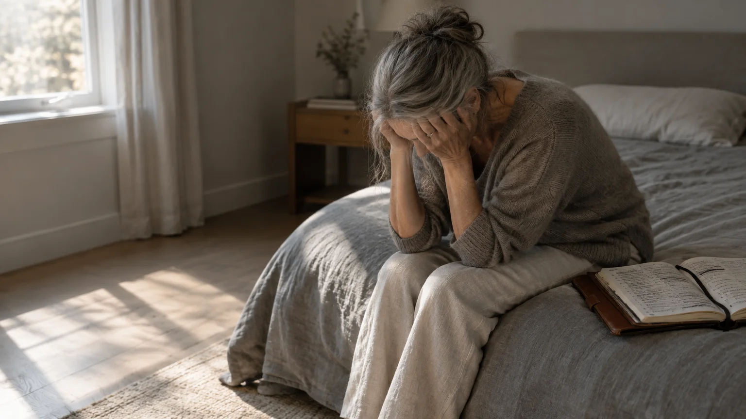A woman with gray hair sits on the edge of a bed with her head resting in her hands beside an open book.