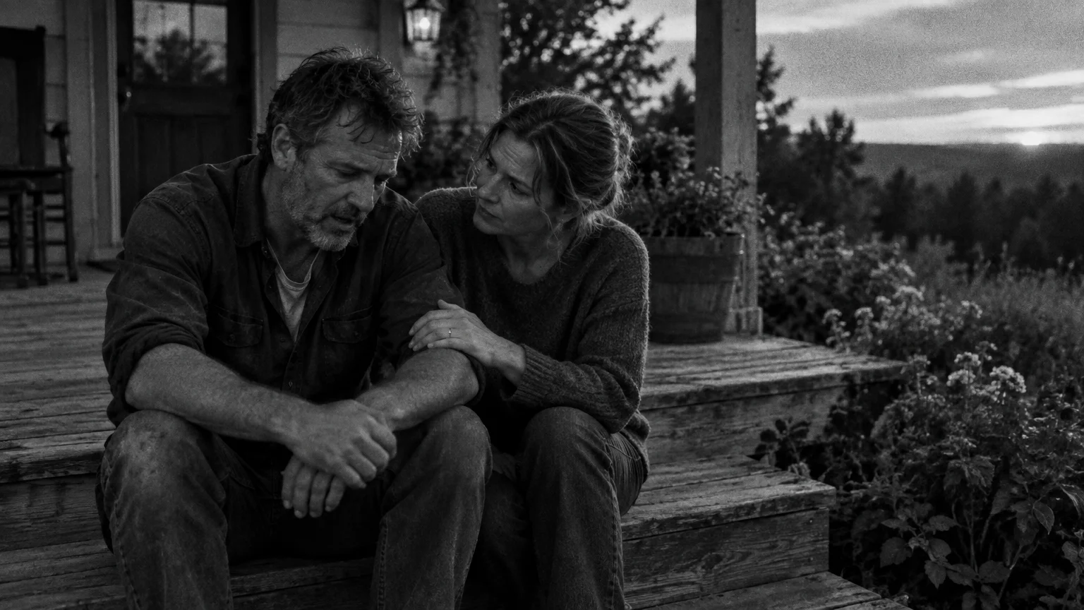 A woman comforts a distressed man sitting beside her on the wooden steps of a rustic porch at dusk.