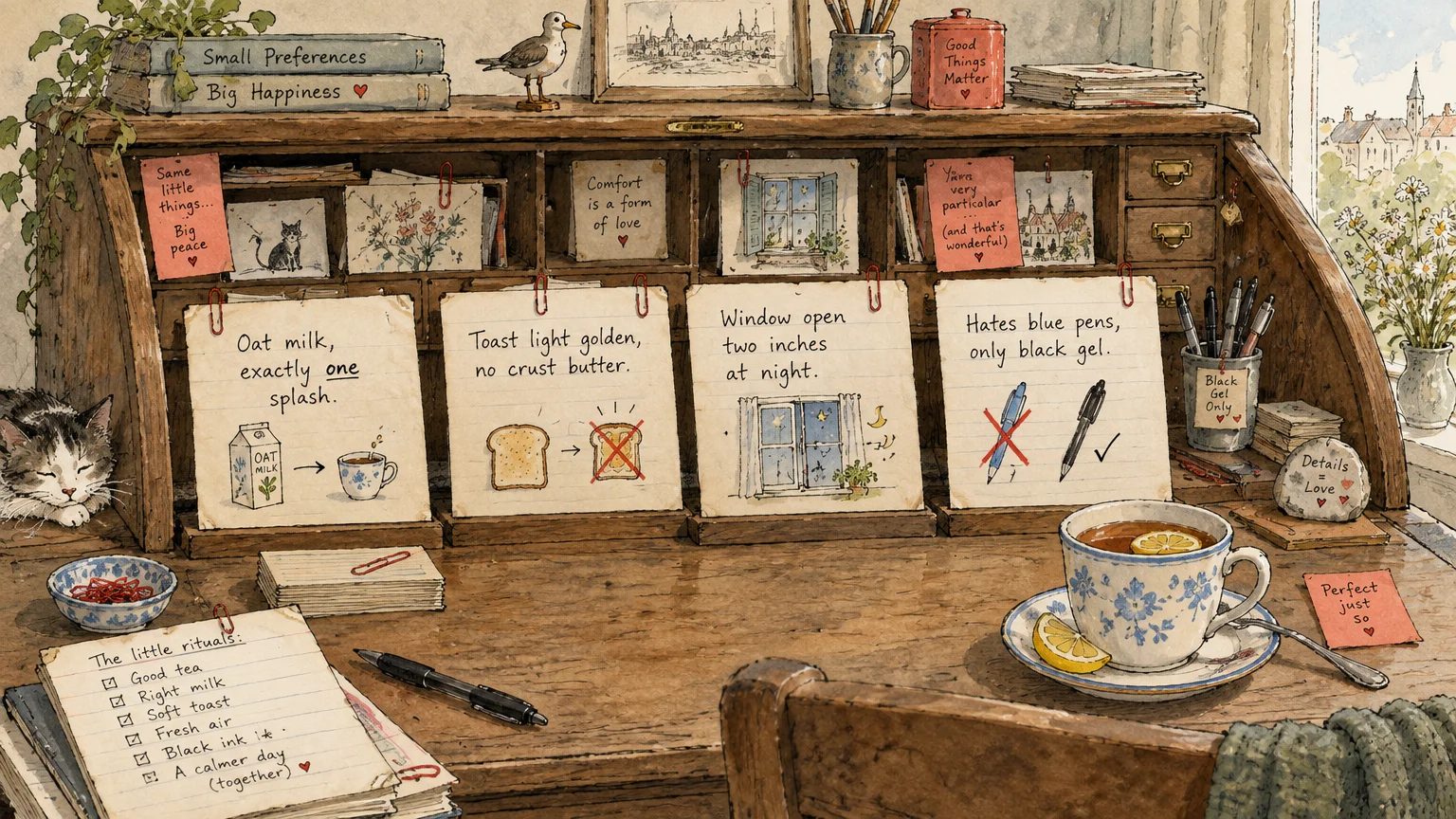 Illustration of a wooden rolltop desk with handwritten notes detailing specific preferences, a sleeping cat, and tea.
