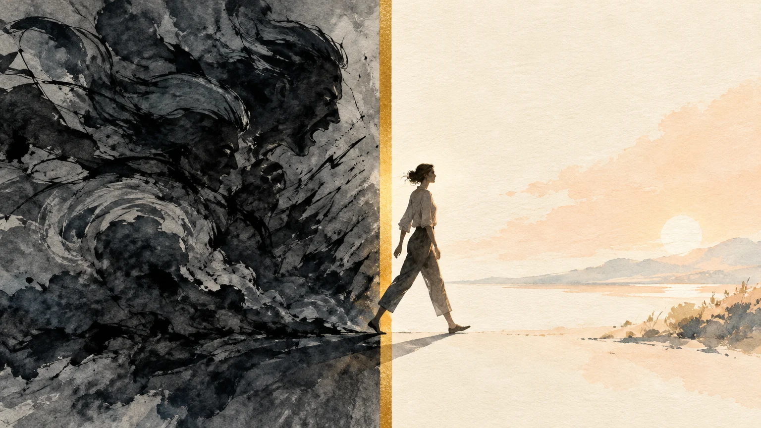 Split illustration of a woman walking away from dark, screaming shadowy faces toward a bright, calm sunset landscape.