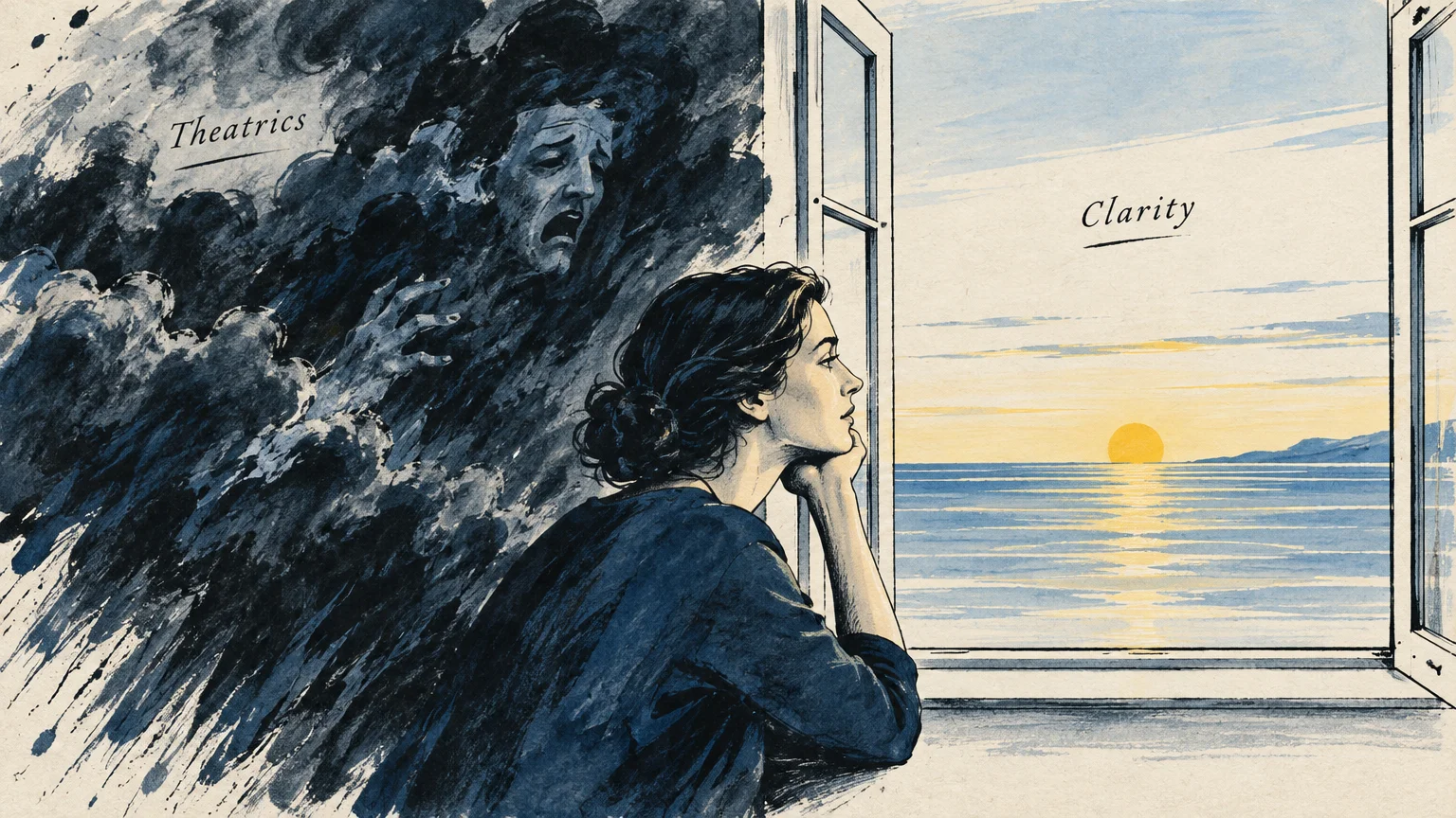 Ink sketch of a woman at a window looking past dark clouds labeled Theatrics toward a calm sea labeled Clarity.