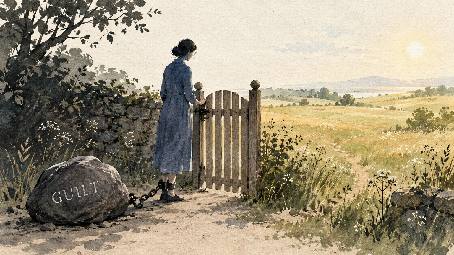 Illustration of a woman in a blue dress opening a wooden gate while chained by the ankle to a stone labeled GUILT.