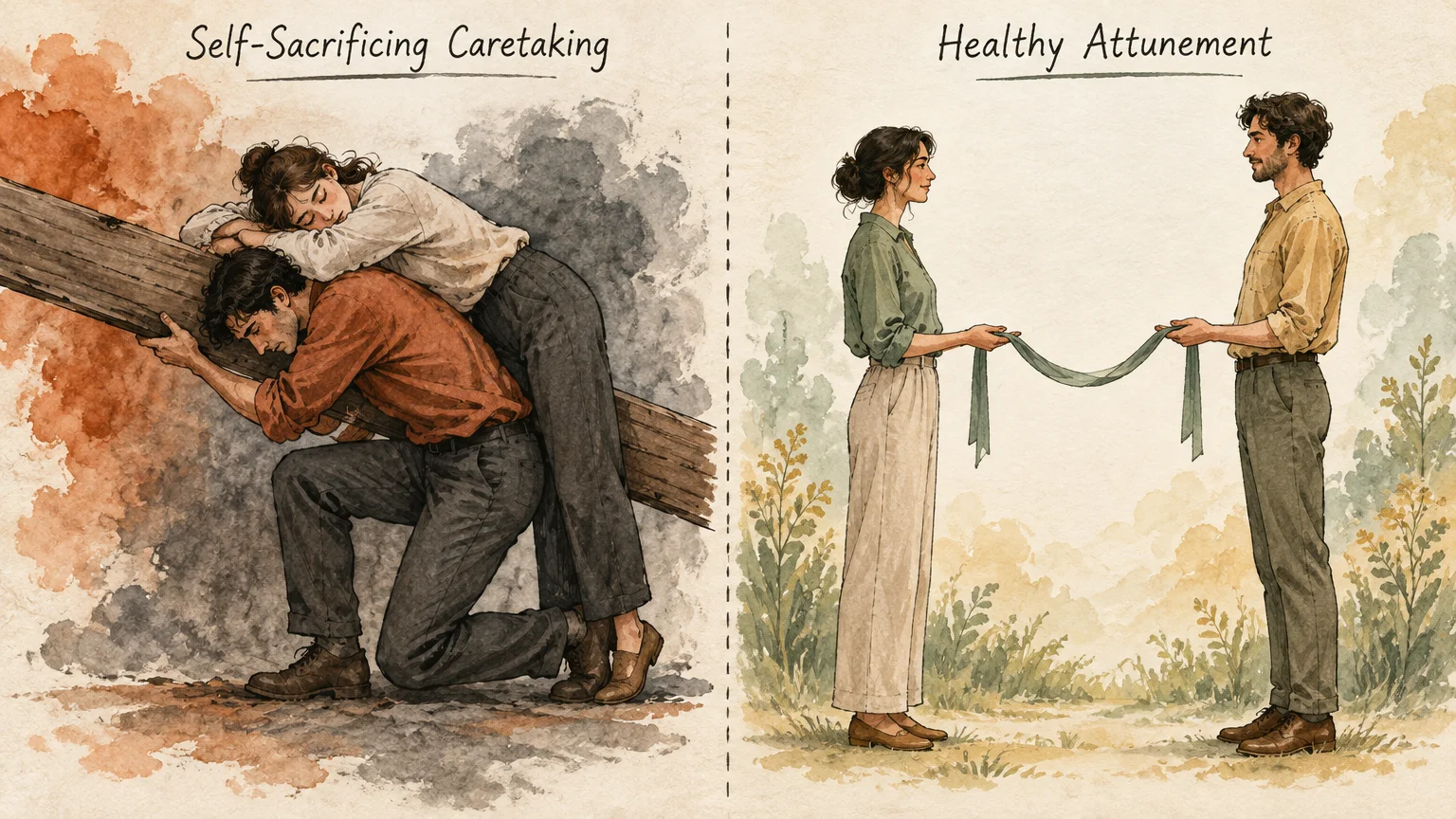 Illustration comparing a man kneeling under a heavy beam with a man and woman standing together holding a shared ribbon.
