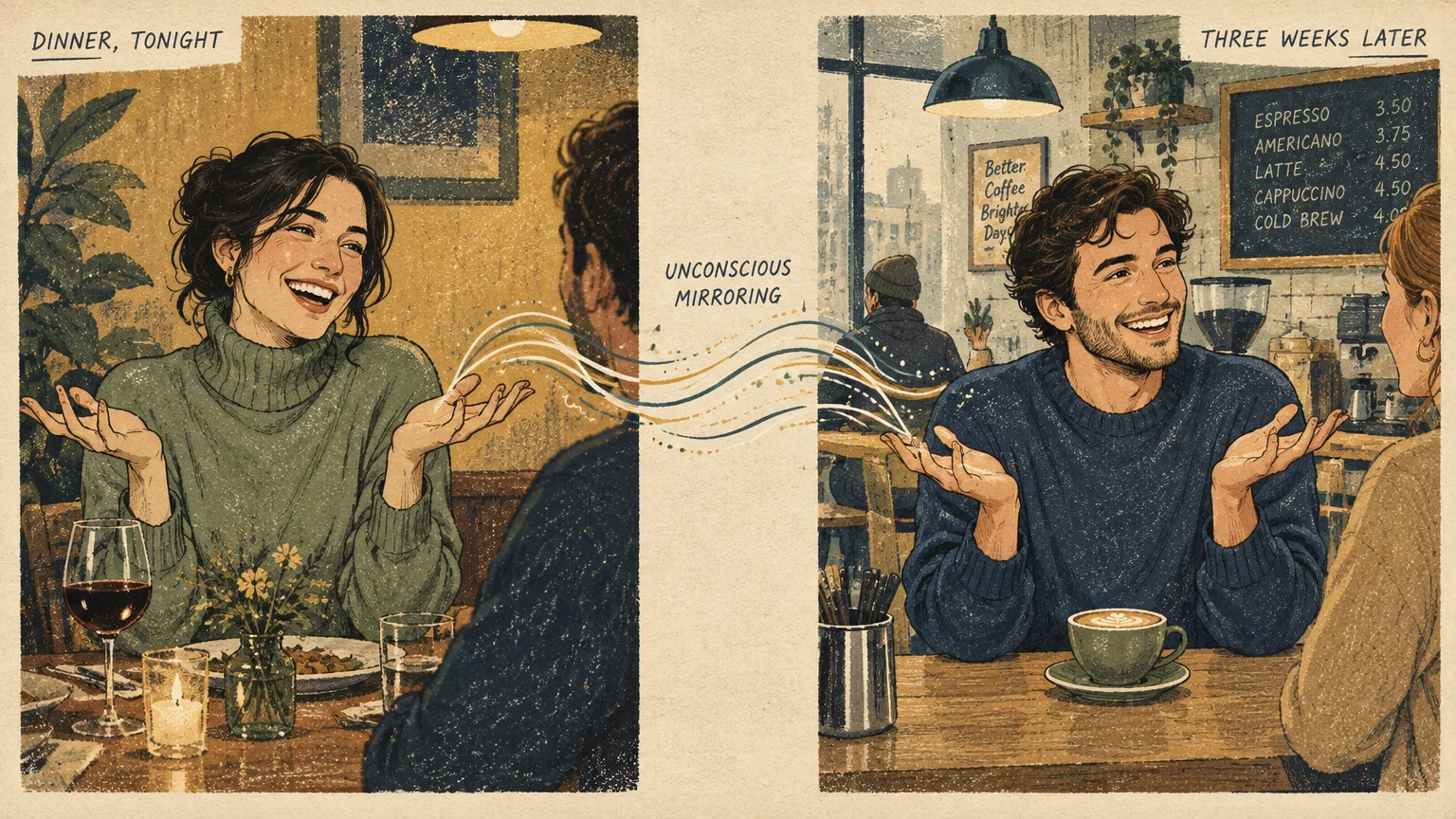 Split illustration showing a woman making an open-handed gesture at dinner, and a man repeating it later in a coffee shop.