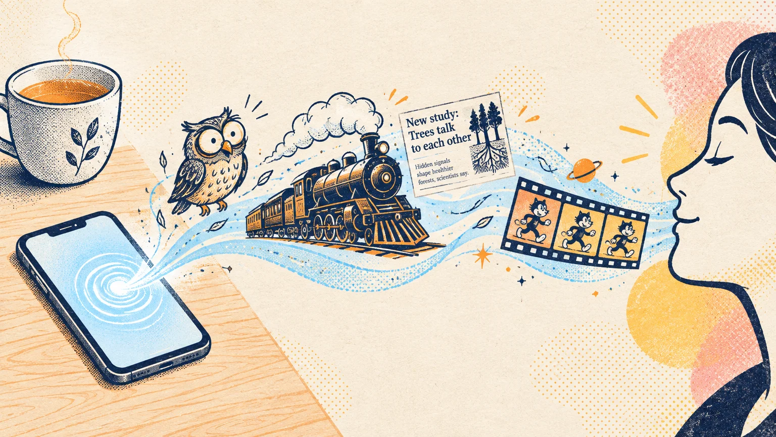 Illustration of a glowing smartphone stream carrying an owl, train, news clipping, and film strip toward a smiling woman.