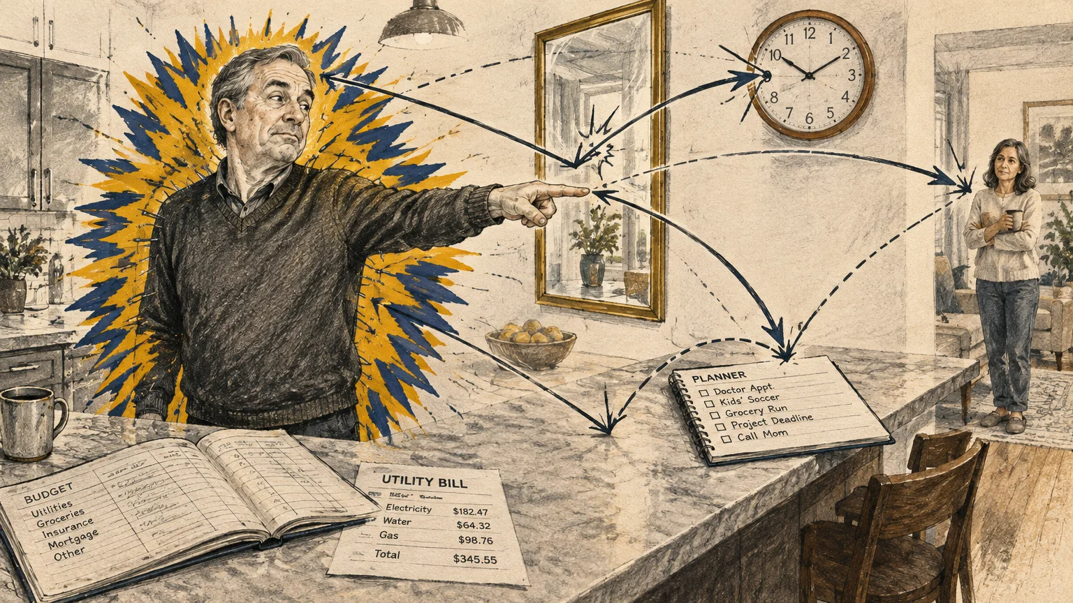 Illustration of a stressed man pointing blame past bills and a planner toward a woman standing in another room.