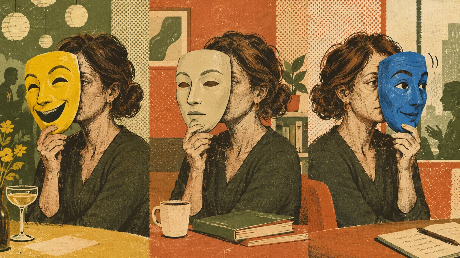 Three-panel illustration of a woman holding yellow, white, and blue masks in front of her face in different settings.