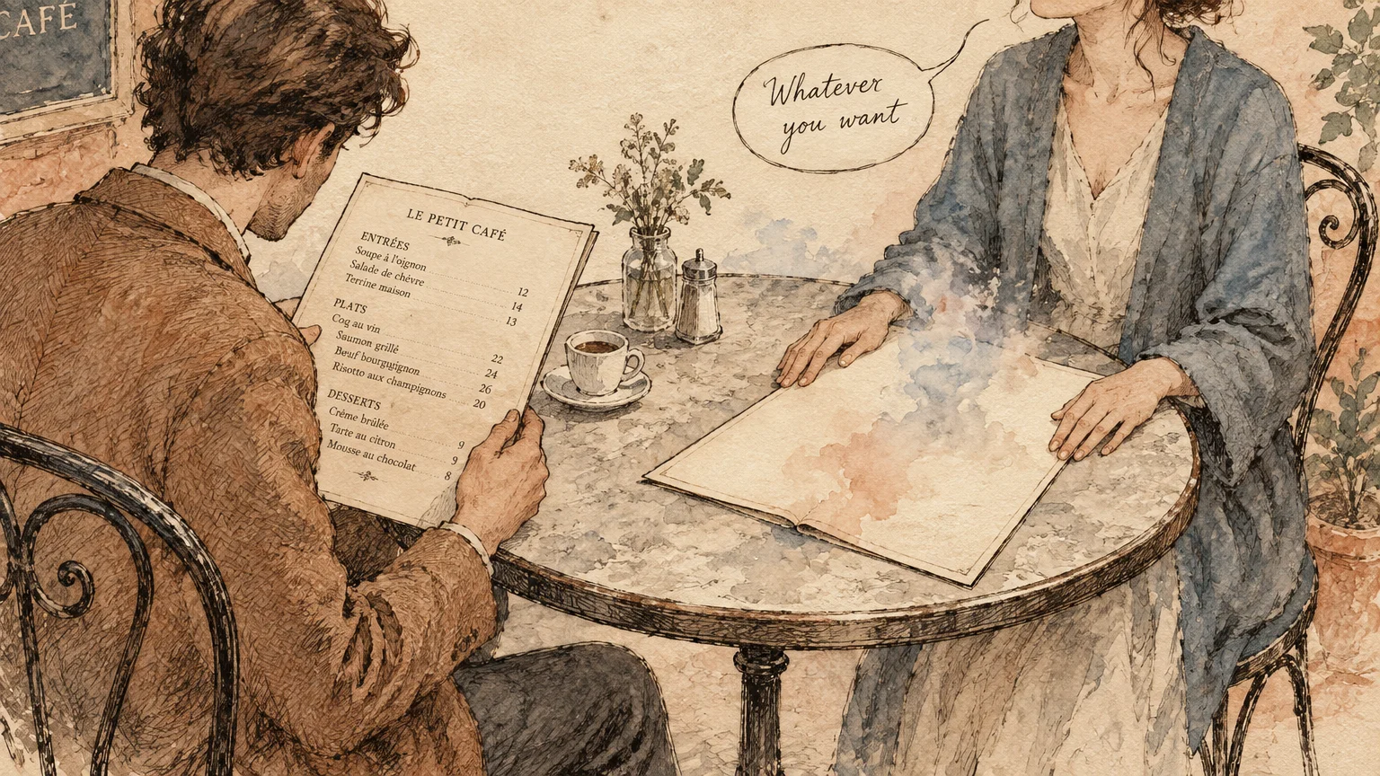 Watercolor illustration of a man reading a café menu opposite a woman with a blank menu saying whatever you want.