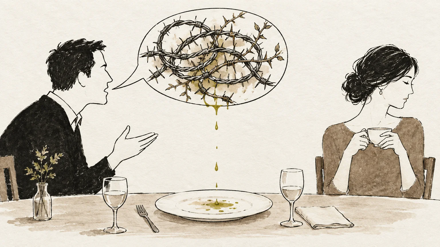 Illustration of a man speaking barbed wire into a speech bubble, dripping venom onto a dinner plate as a woman drinks tea.