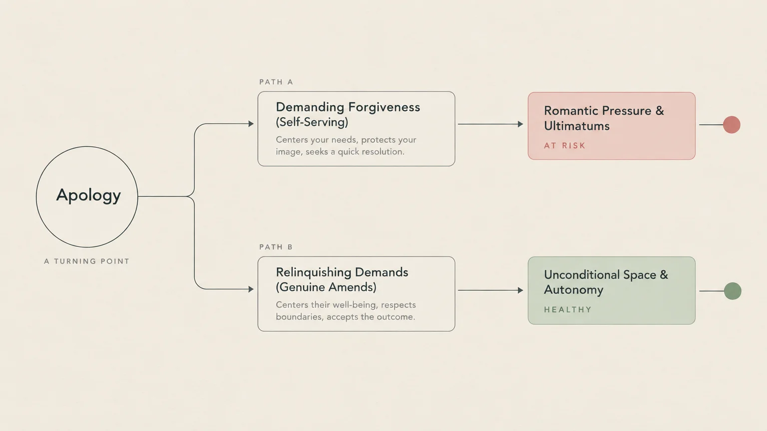 Flowchart splitting an apology into demanding forgiveness leading to romantic pressure versus relinquishing demands.