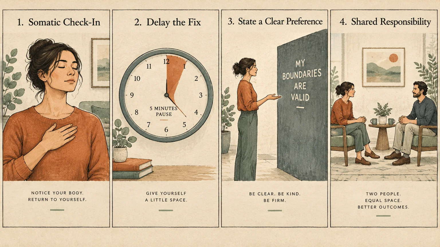 Four-panel illustration showing steps to center personal needs: somatic check-in, pausing, setting boundaries, and sharing responsibility.