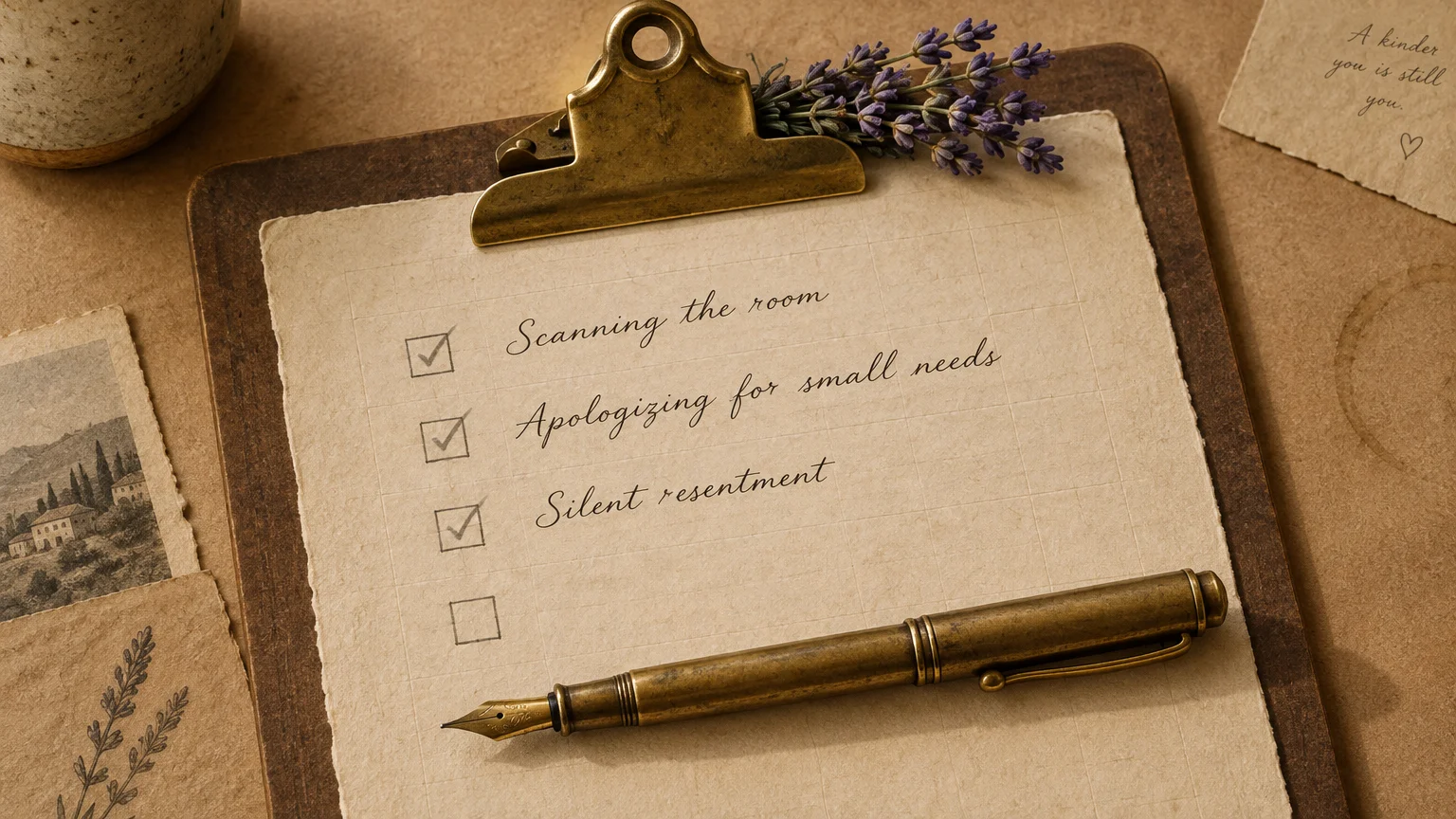 A vintage clipboard with a checklist on textured paper beside a brass fountain pen and dried lavender sprigs.