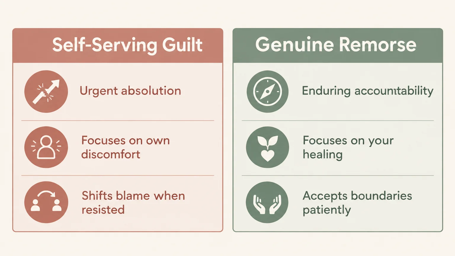 Two-column infographic contrasting traits of Self-Serving Guilt in pink with Genuine Remorse in green.