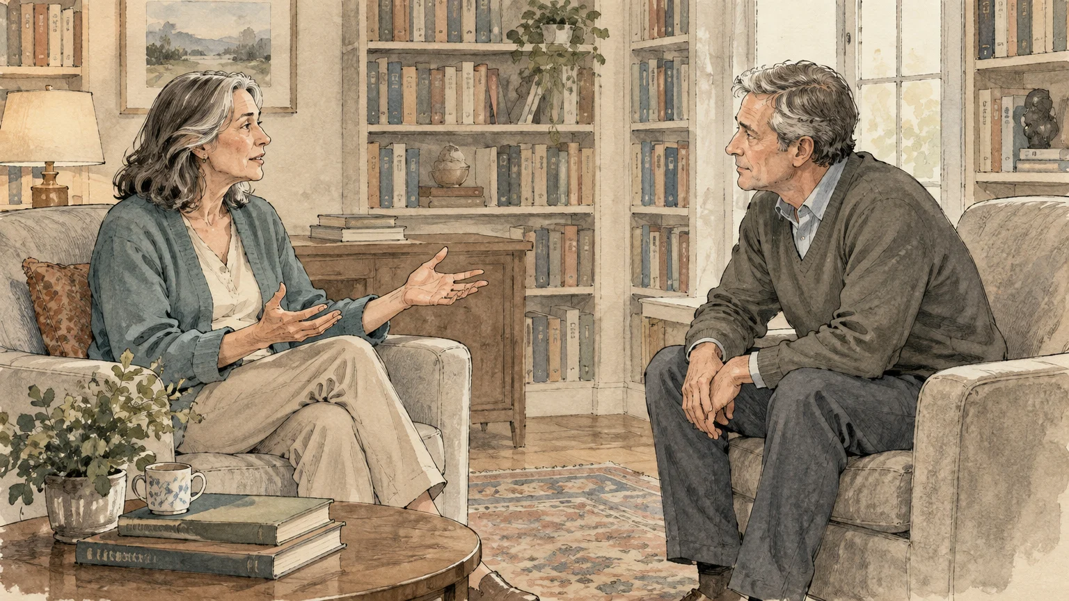 Ink sketch of an older woman talking from an armchair to an attentive man seated opposite in a home library.