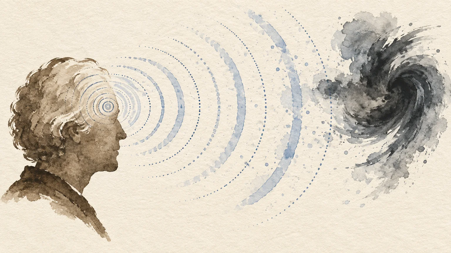 Watercolor profile of a person emitting concentric blue radar waves toward a swirling dark cloud on a textured background.