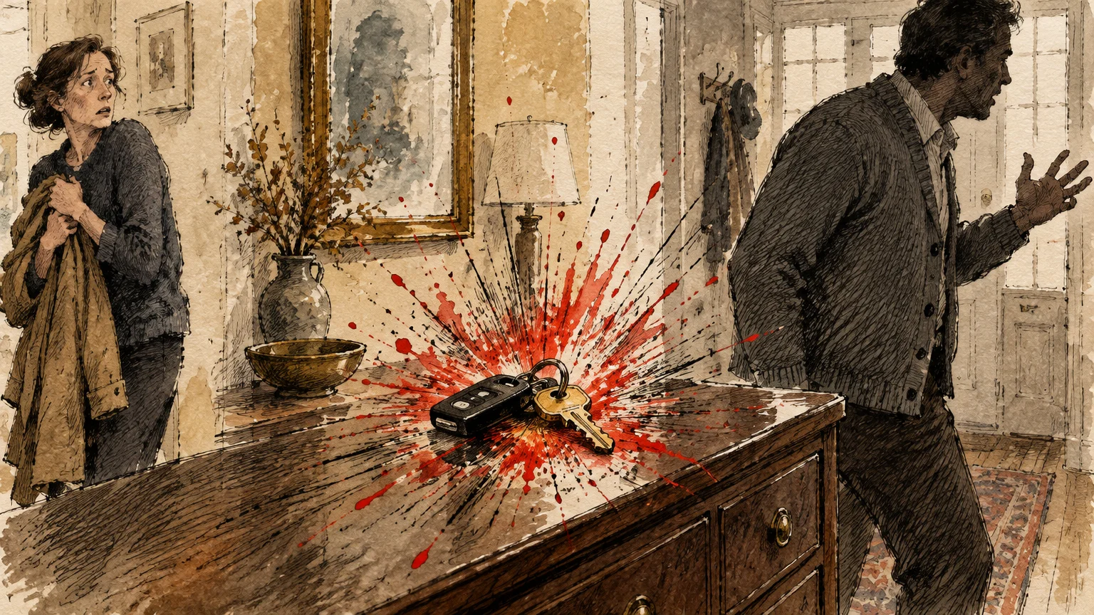 Illustration of keys on a sideboard with a red splatter, flanked by an anxious woman and a gesturing man.