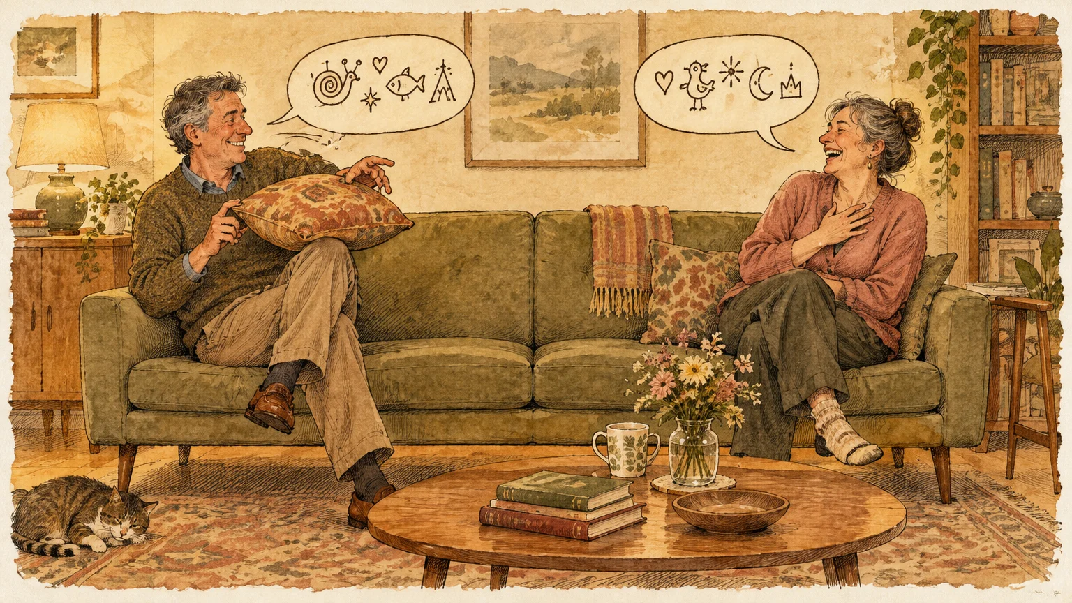 Illustration of an older man and woman laughing on a couch with whimsical icons inside dialogue speech bubbles.