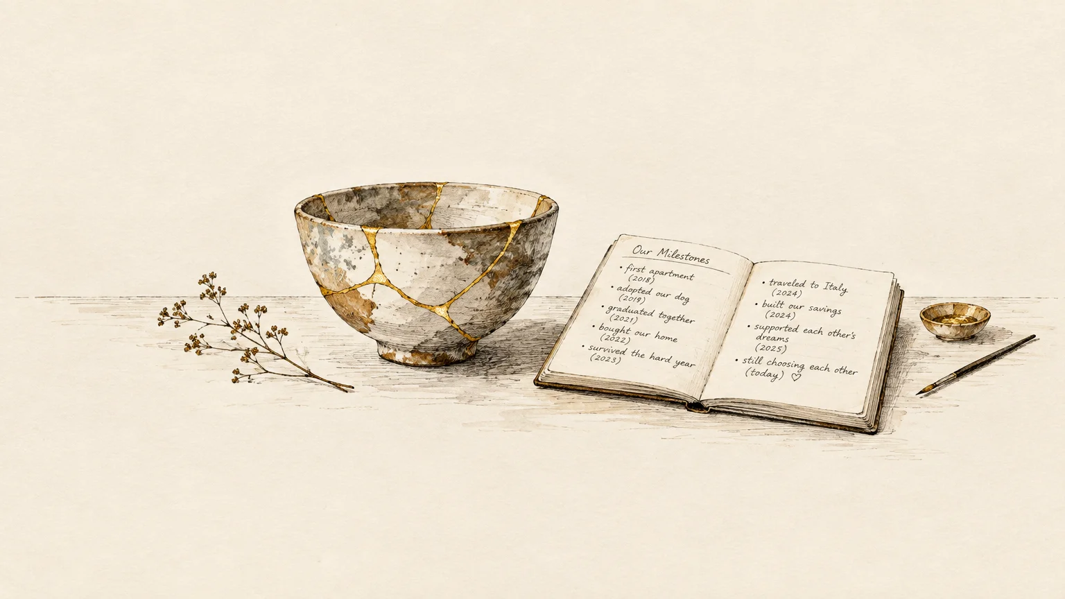 Ink sketch of a kintsugi repaired bowl beside an open journal listing relationship milestones and a dried sprig.