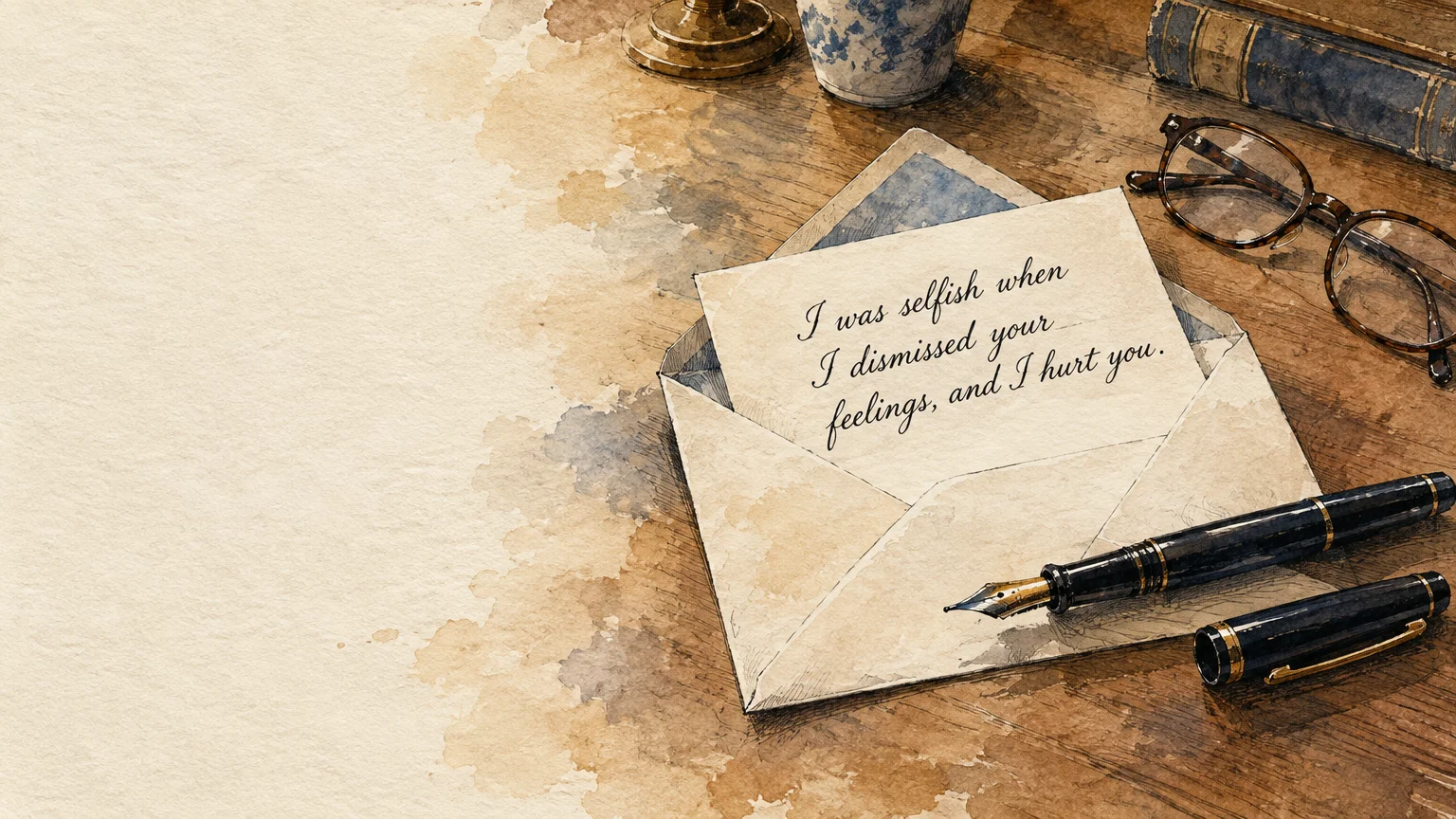 Handwritten apology note resting inside an open envelope on a wooden desk beside a fountain pen and eyeglasses.