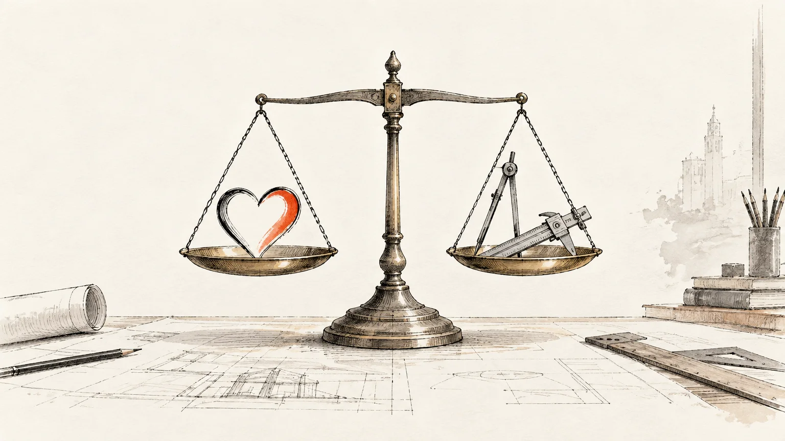 Ink sketch of a balance scale holding a heart on one pan and drafting tools on the other, resting on blueprints.