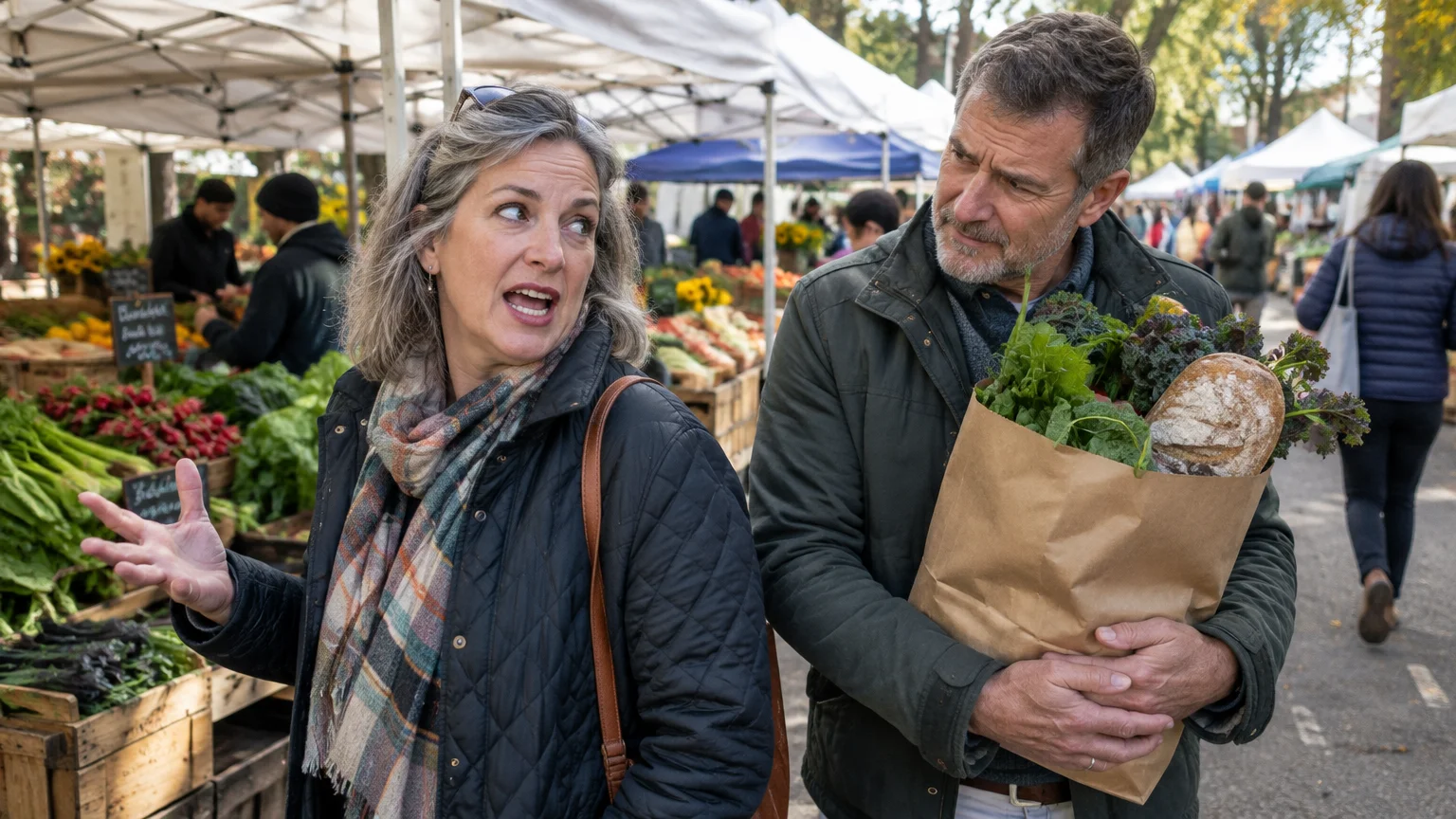 A woman gestures while talking animatedly to a man holding a grocery bag of bread and greens at a farmers market.