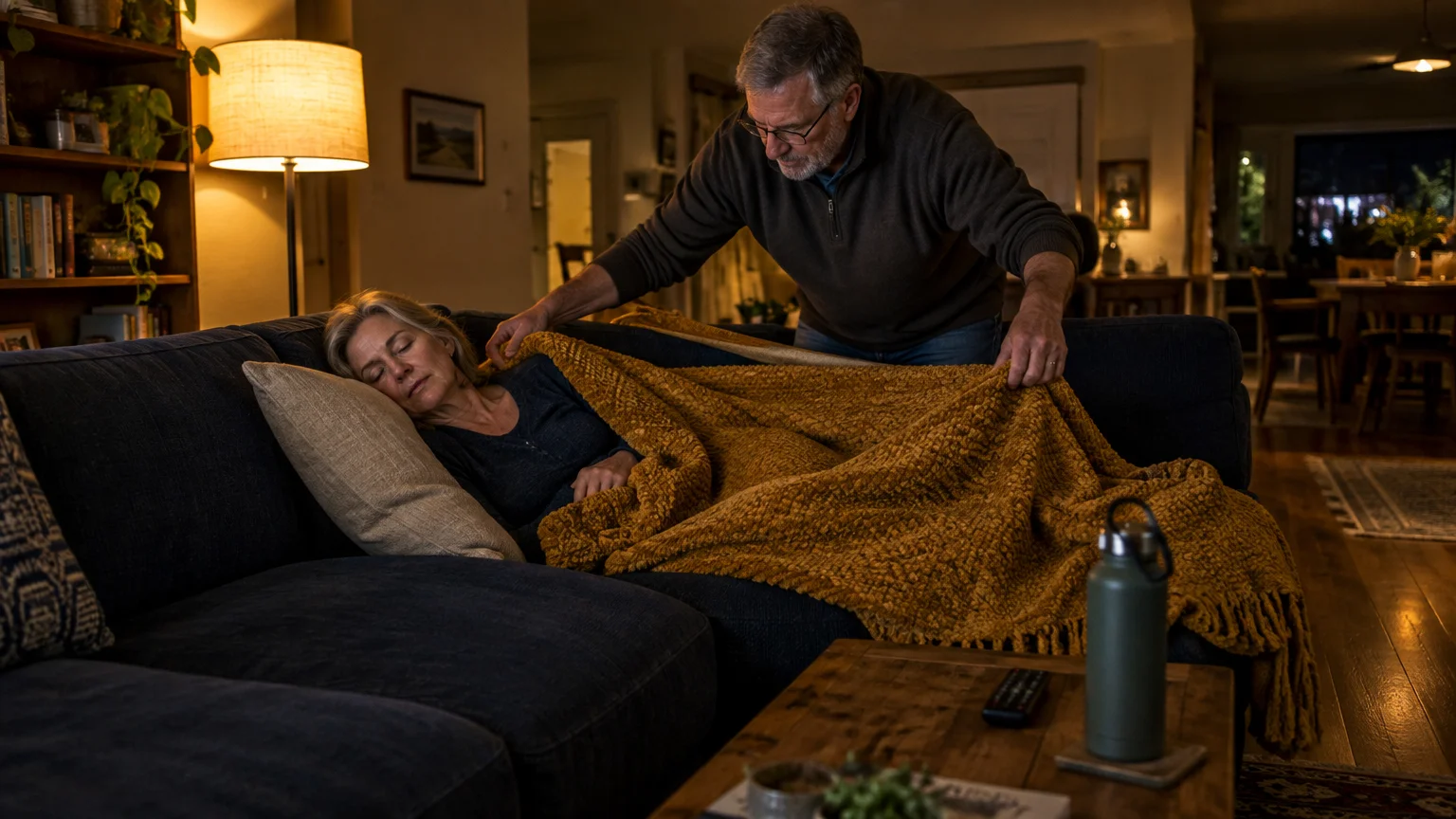 A man places a mustard yellow blanket over a sleeping woman resting on a dark blue sofa in a cozy living room.