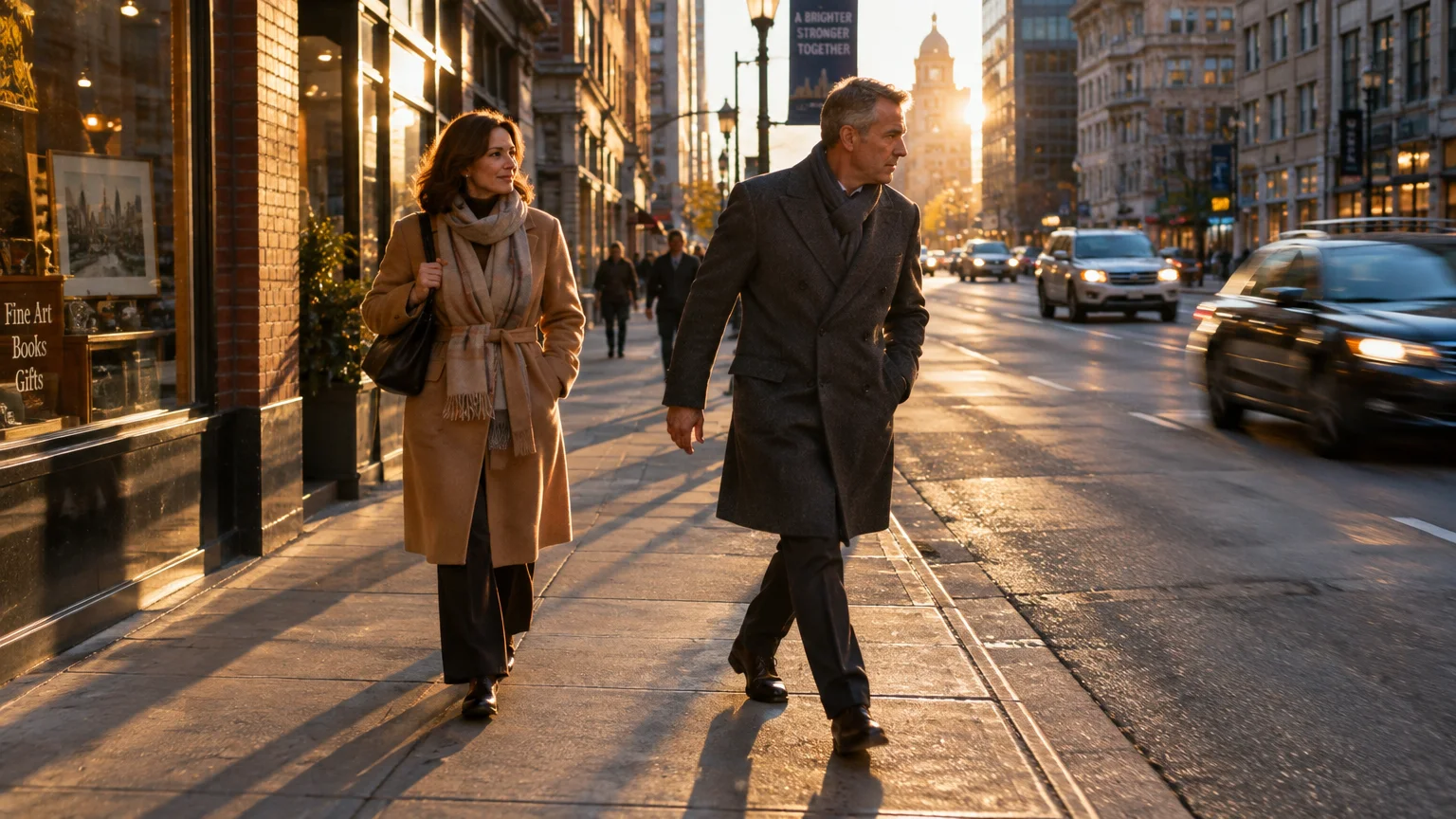 A man in a dark coat walks beside a woman in a tan coat on a city sidewalk next to moving street traffic at sunset.
