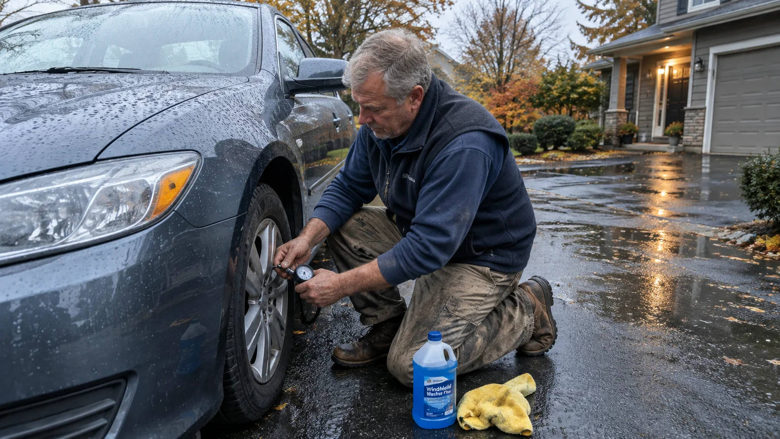 A man kneels on a wet driveway checking the tire pressure of a gray car next to windshield washer fluid.
