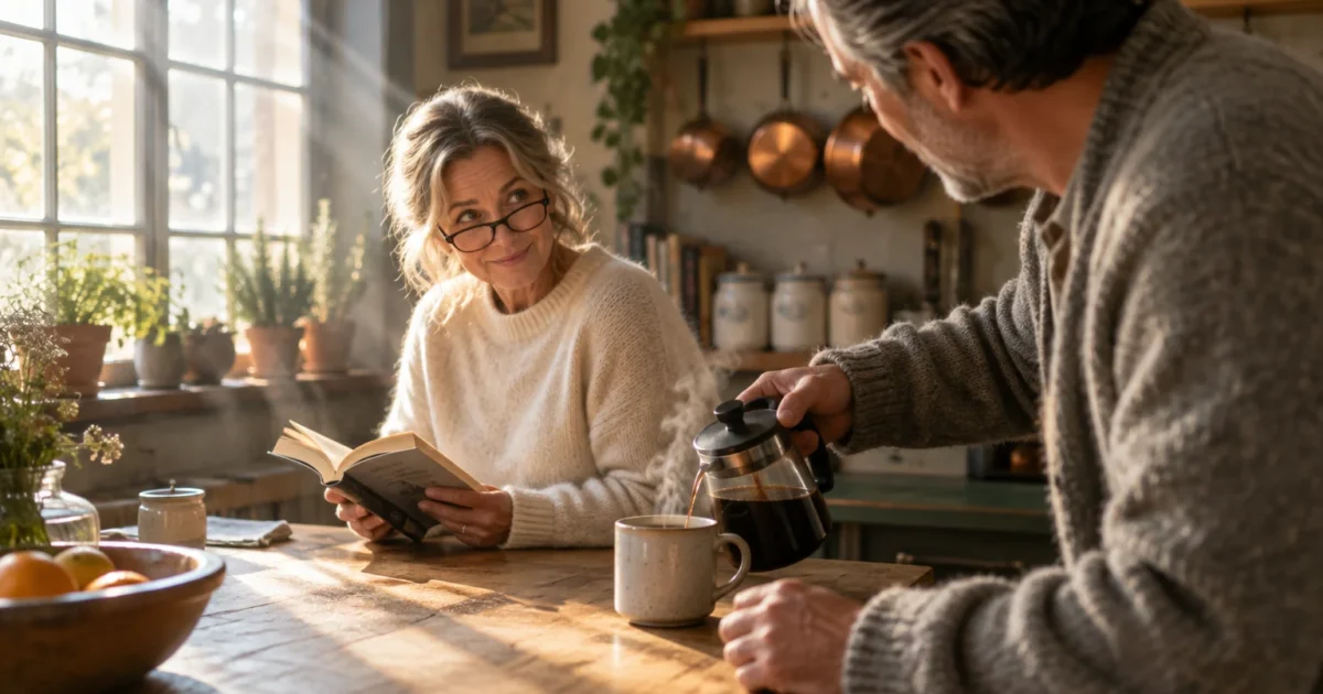 A man pouring hot coffee into a mug for a smiling woman reading a book at a rustic kitchen table.