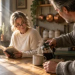 A man pouring hot coffee into a mug for a smiling woman reading a book at a rustic kitchen table.